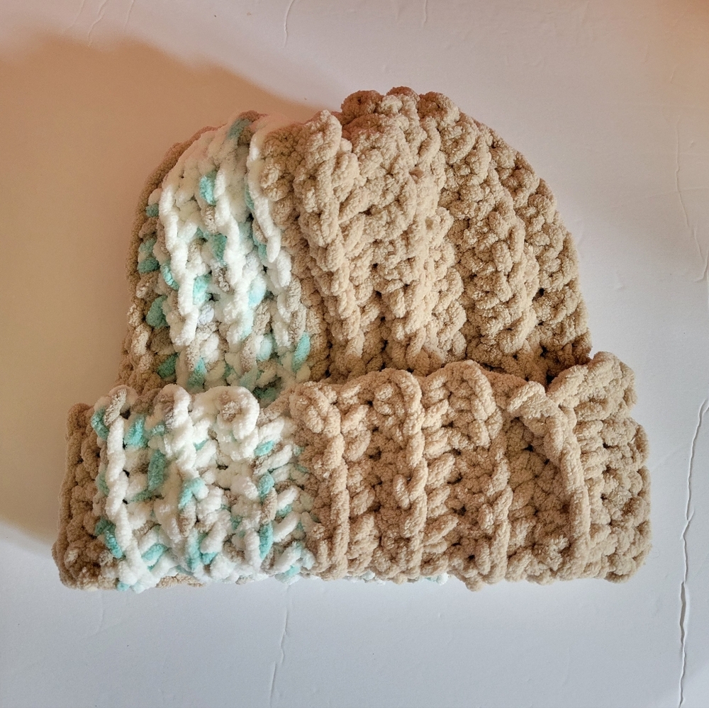 Handmade Chunky Knit Beanie Hat – Beige & Aqua Winter Cap